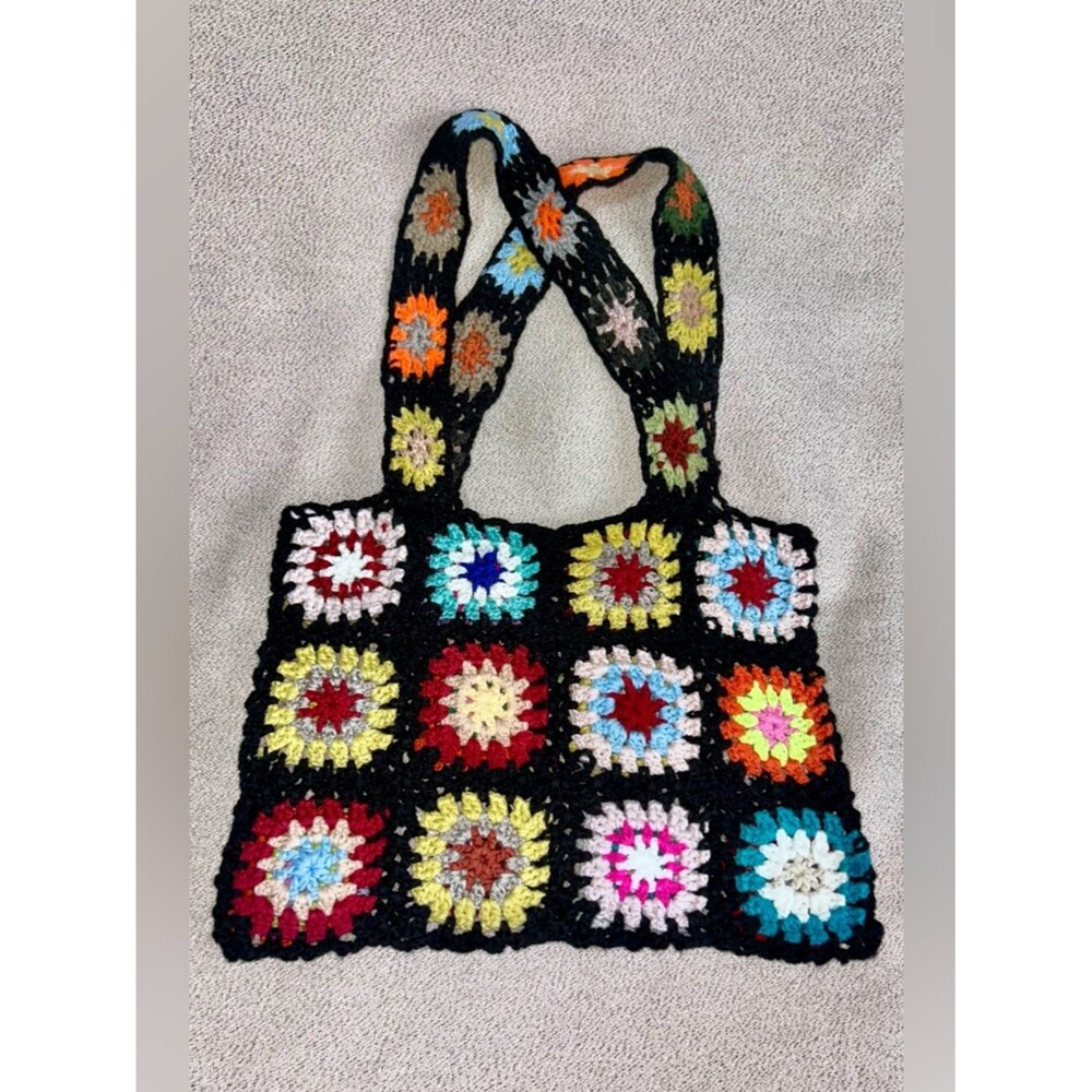 Handmade Crochet Granny Square Tote Bag Purse Bold Multicolor 70’s Hippie Boho